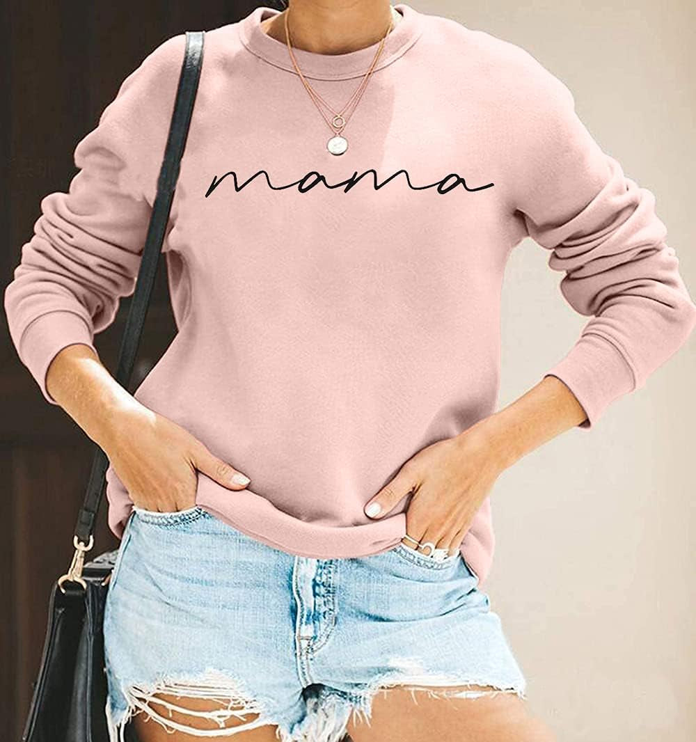 Womens Crewneck Sweatshirt Mama Letter Print Long Sleeve Loose Fashion Pullover Top