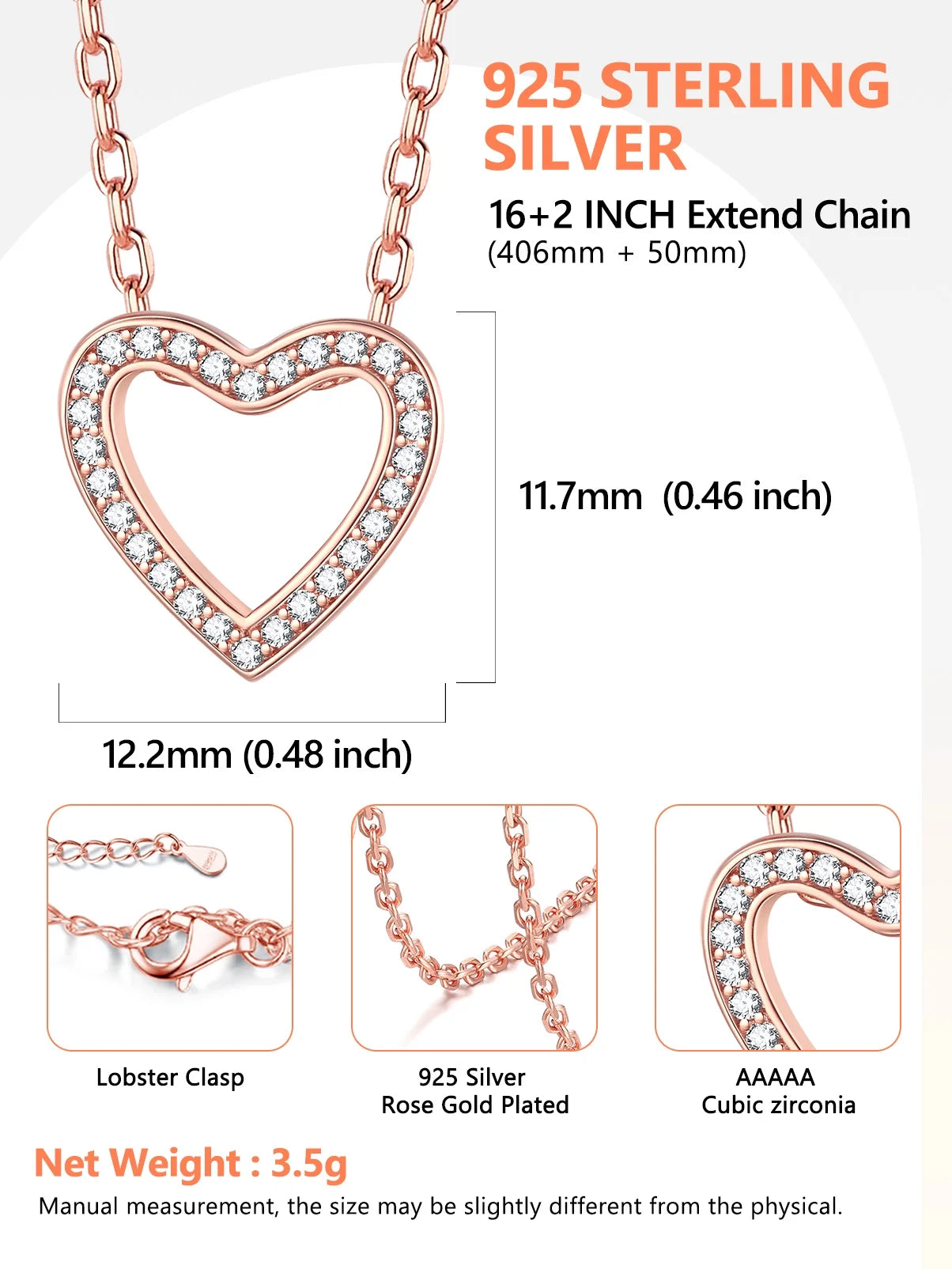 Open Heart Necklace for Women Dainty Cubic Zirconia Love Pendant Necklace Sterling Silver Jewelry Gifts for Her, Rose Gold