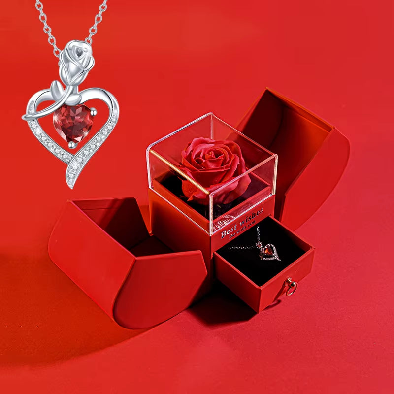 Gifts for Women Eternal Rose Box Heart Pendant Necklace Forever Flower Jewelry Case Wedding Mothers Day Jewelry Girlfriend Gift