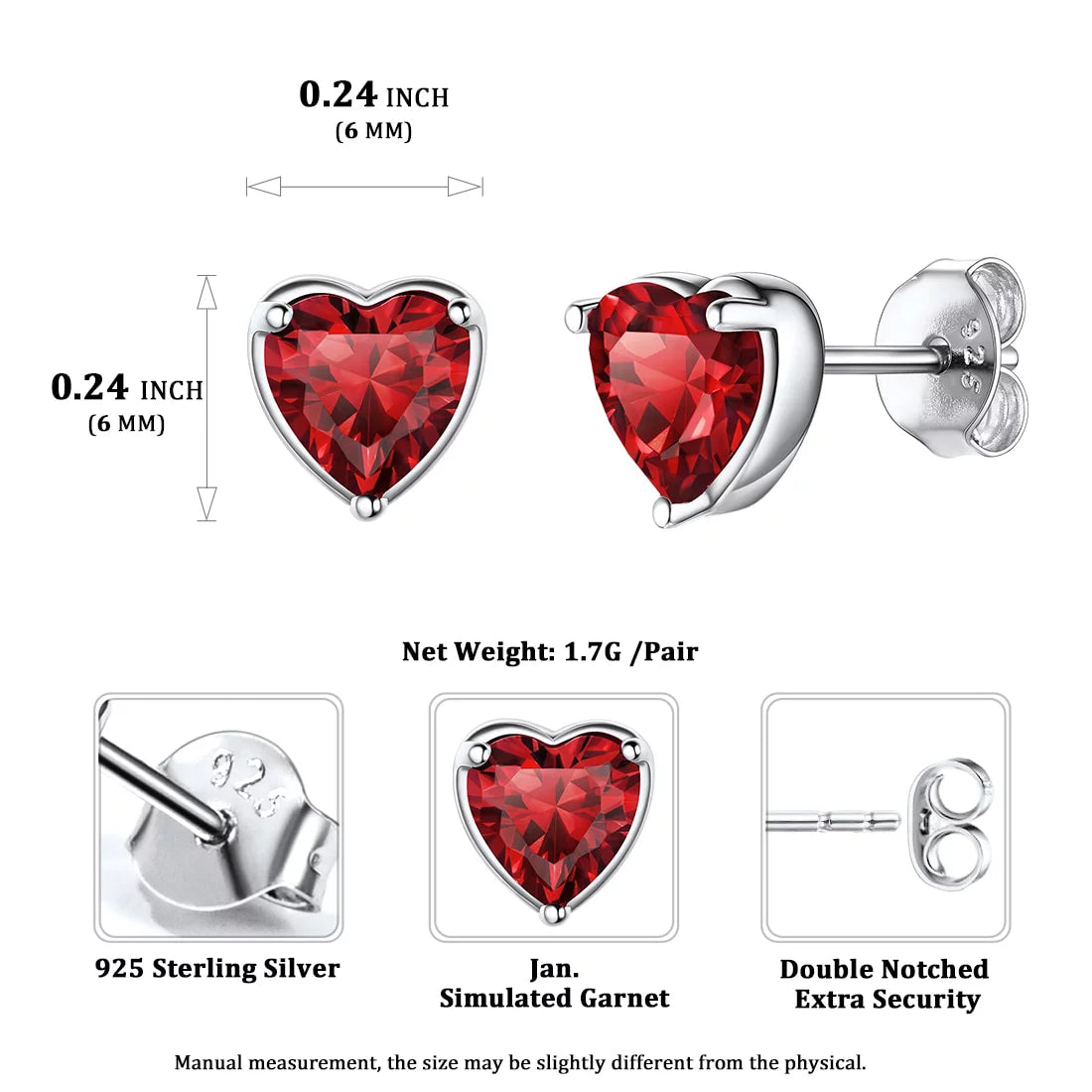 Women Adult 925 Sterling Silver Heart Birthstone Stud Earrings Birthday Valentines Christmas Jewelry Gift