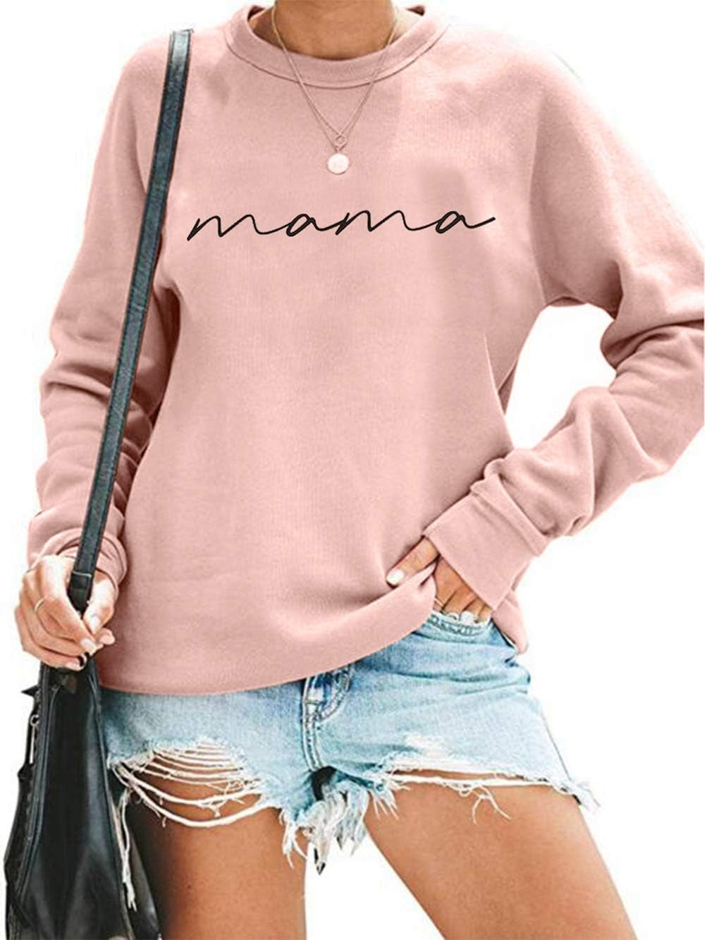 Womens Crewneck Sweatshirt Mama Letter Print Long Sleeve Loose Fashion Pullover Top