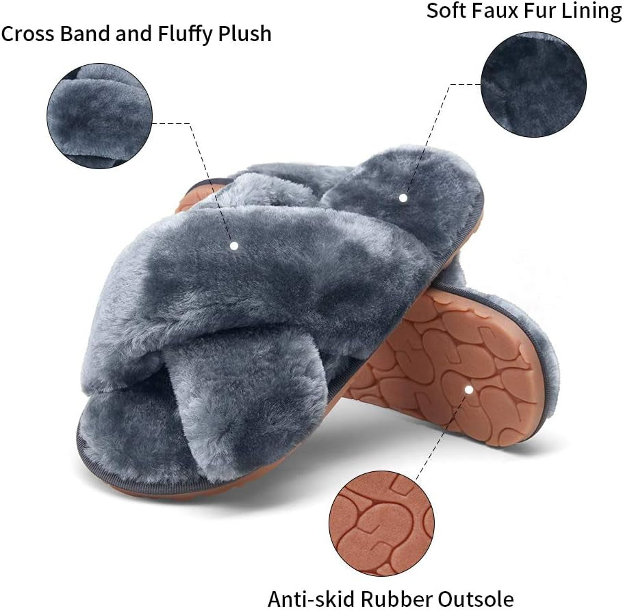 Women'S Cross Band Slippers Soft Plush Furry Open Toe Fur Slides Fuzzy Fluffy Slip on House Shoes Indoor Outdoor Slippers