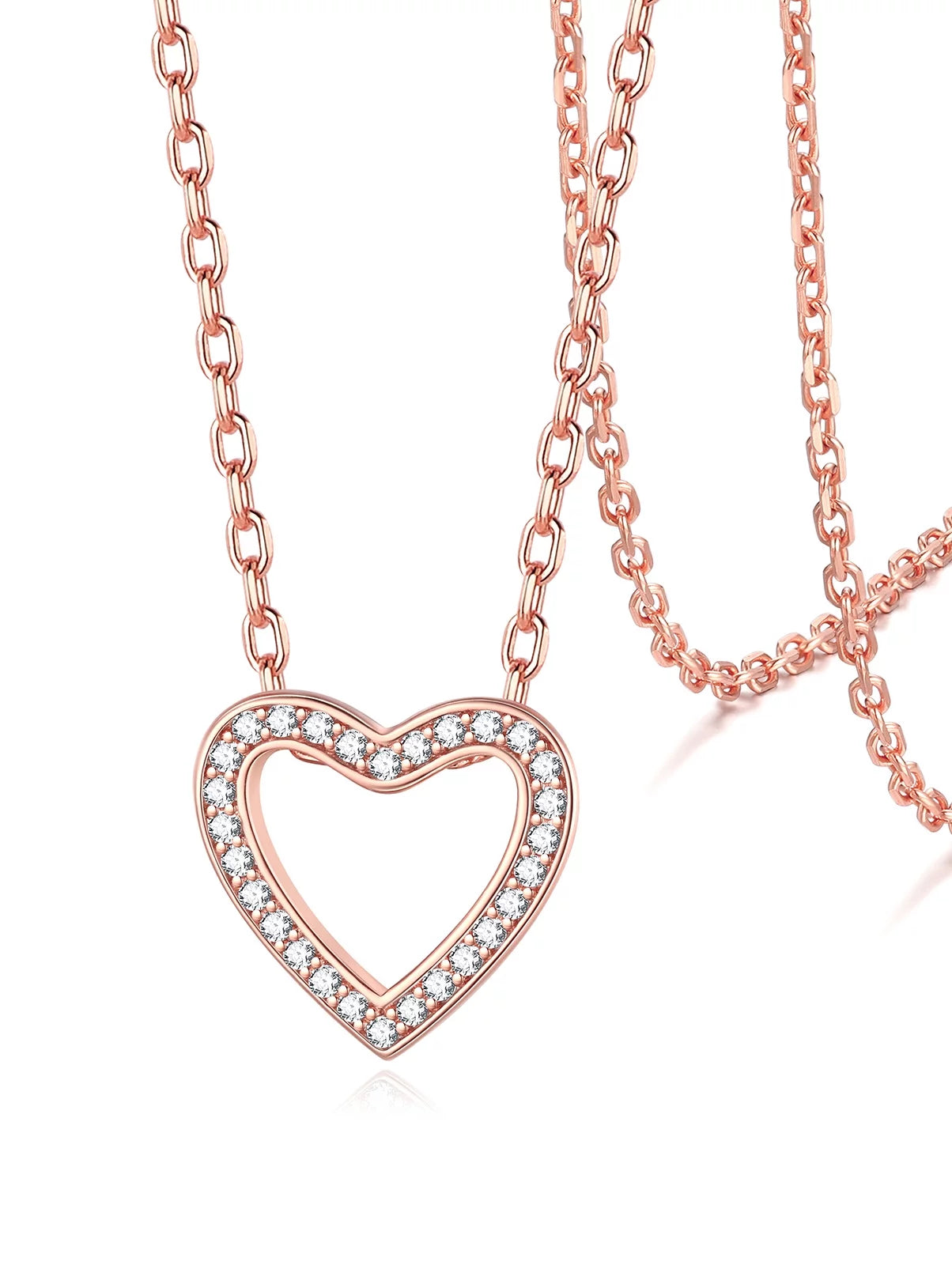 Open Heart Necklace for Women Dainty Cubic Zirconia Love Pendant Necklace Sterling Silver Jewelry Gifts for Her, Rose Gold